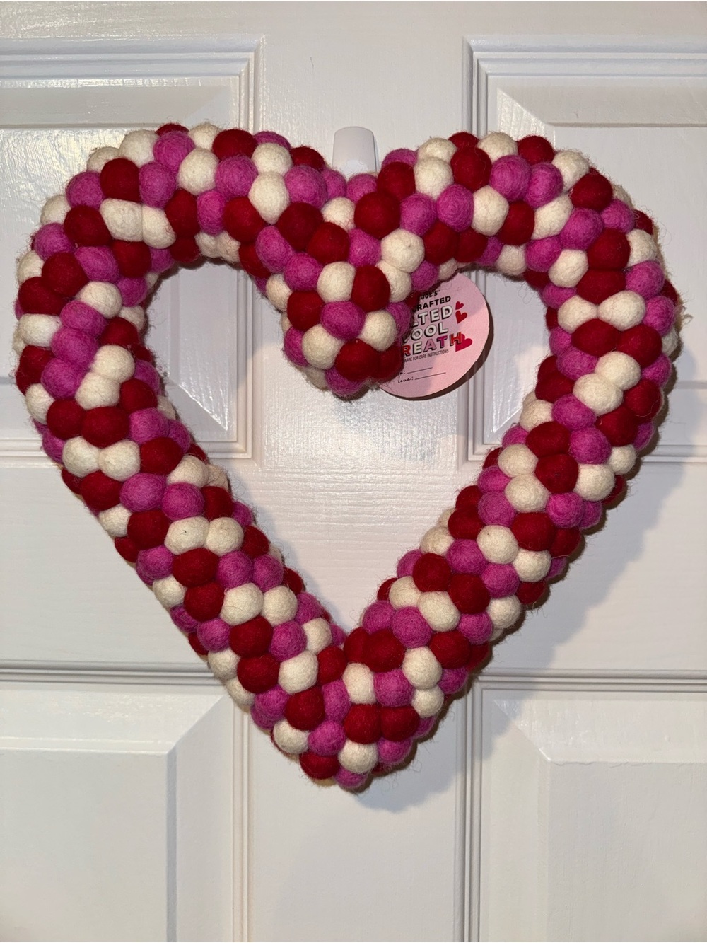 Heart-Shaped Felt Ball Wool Wreath - Pink, Red & Cream